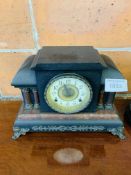 Wood case mantel clock, together with a French-style mantel clock on wood base, no glass on face