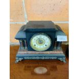 Wood case mantel clock, together with a French-style mantel clock on wood base, no glass on face