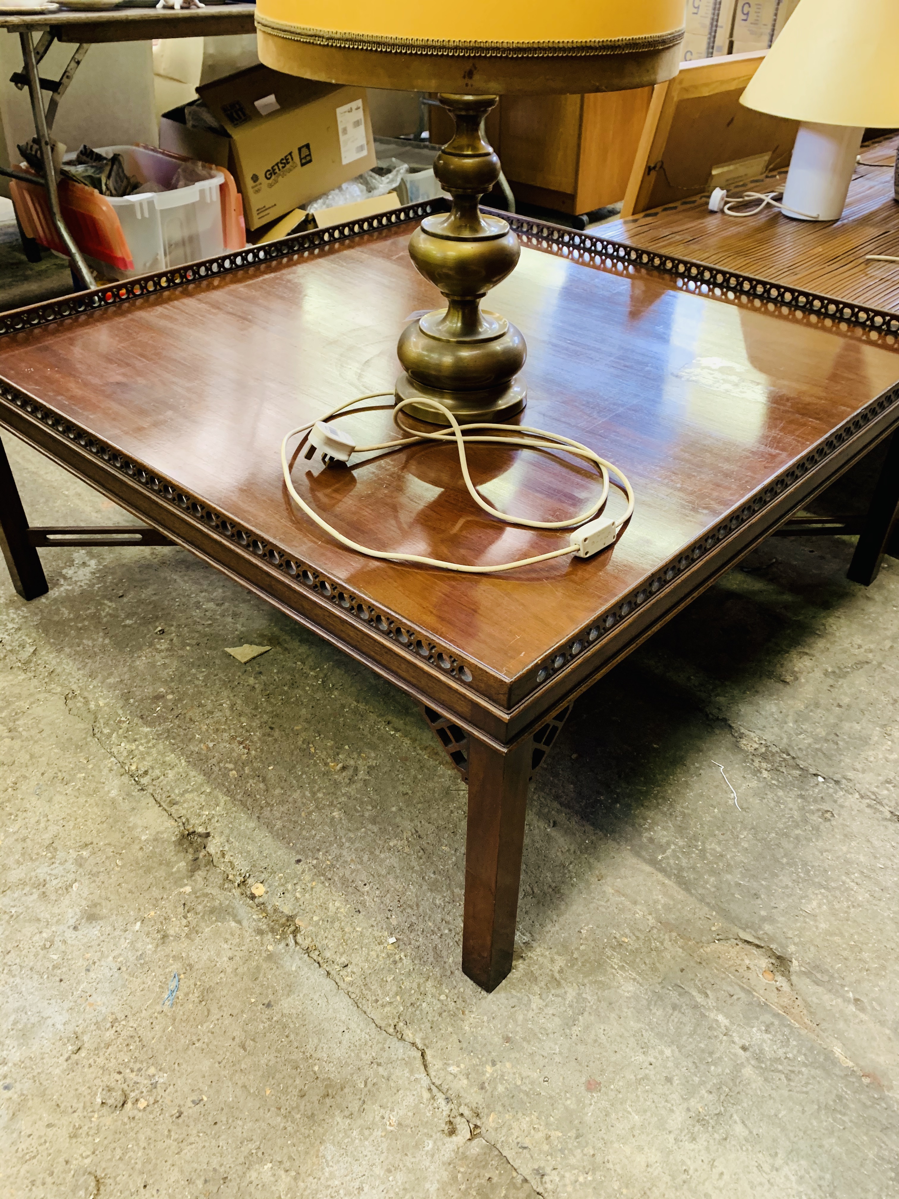 Large square mahogany coffee table with pierced upstand. - Image 2 of 3