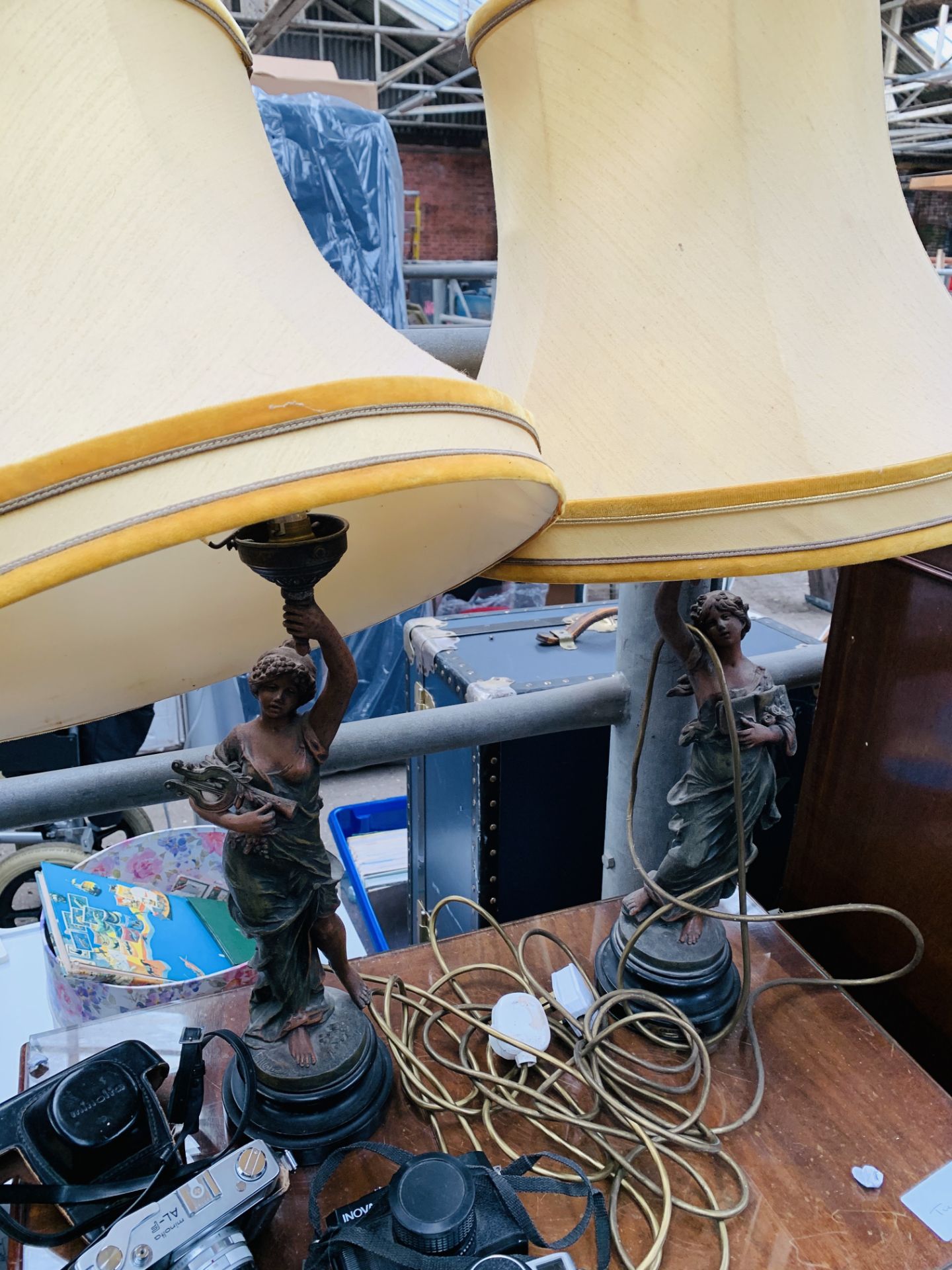 Two metal figural table lamps, signed to base, with shades. - Image 3 of 3