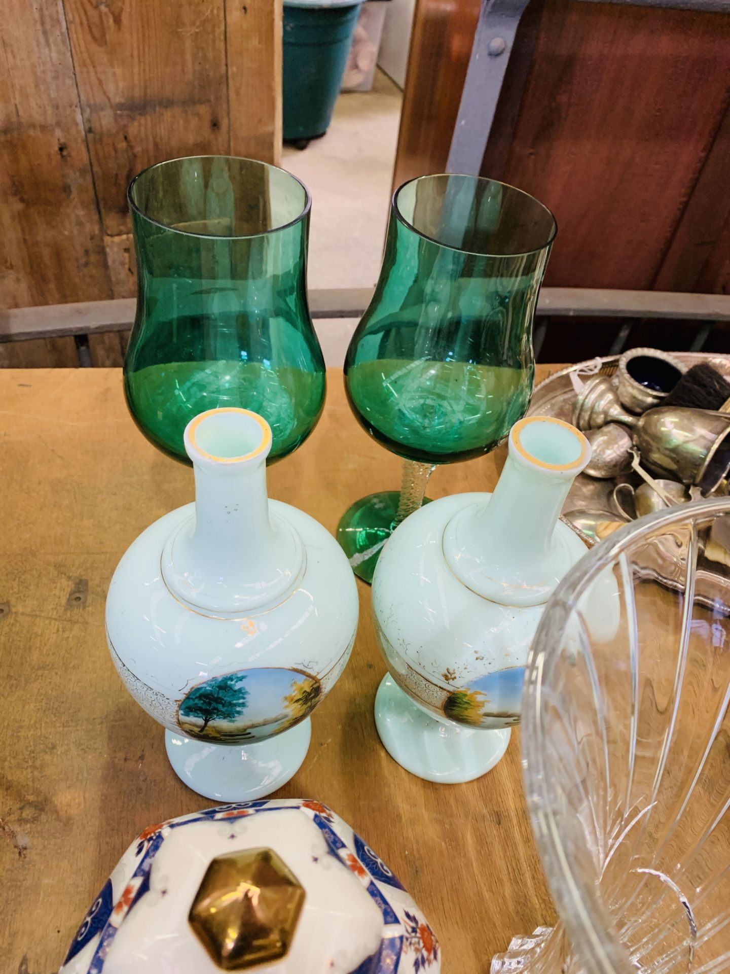 Pair of pale green bottle vases, pair green large wine glasses, Imari ginger vase, RCR vase as found - Image 2 of 2
