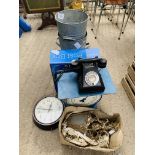 Sterling post box, 2 galvanised buckets, Bakelite phone, Salter scales, and other items