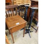 Mahogany sewing box on four tapered legs together with 2 torcheres