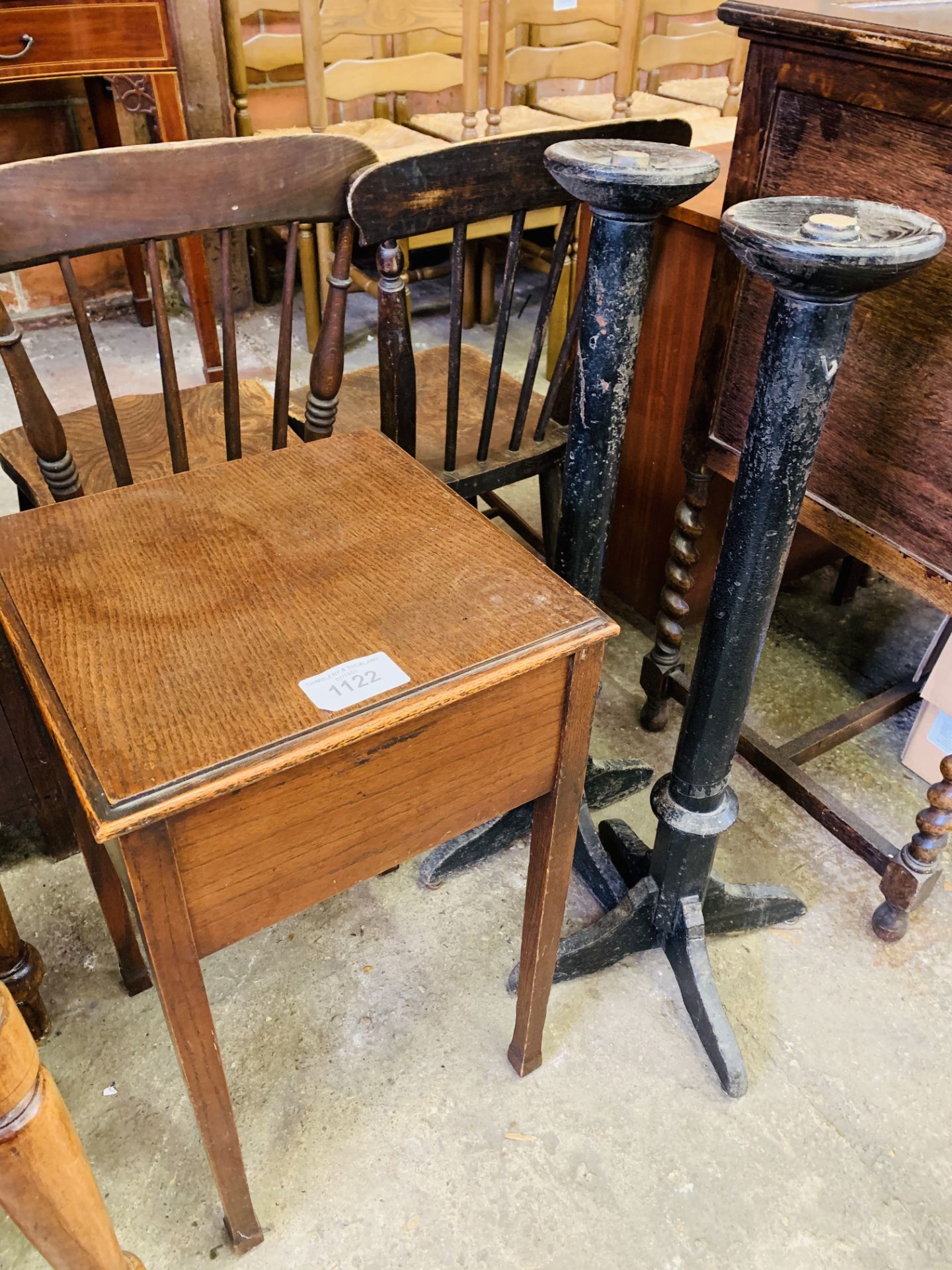 Mahogany sewing box on four tapered legs together with 2 torcheres