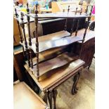 Two mahogany shelf units, nest of three mahogany tables and mahogany cabinet with frieze drawer over