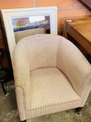 Upholstered tub chair and mirror.