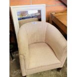 Upholstered tub chair and mirror.