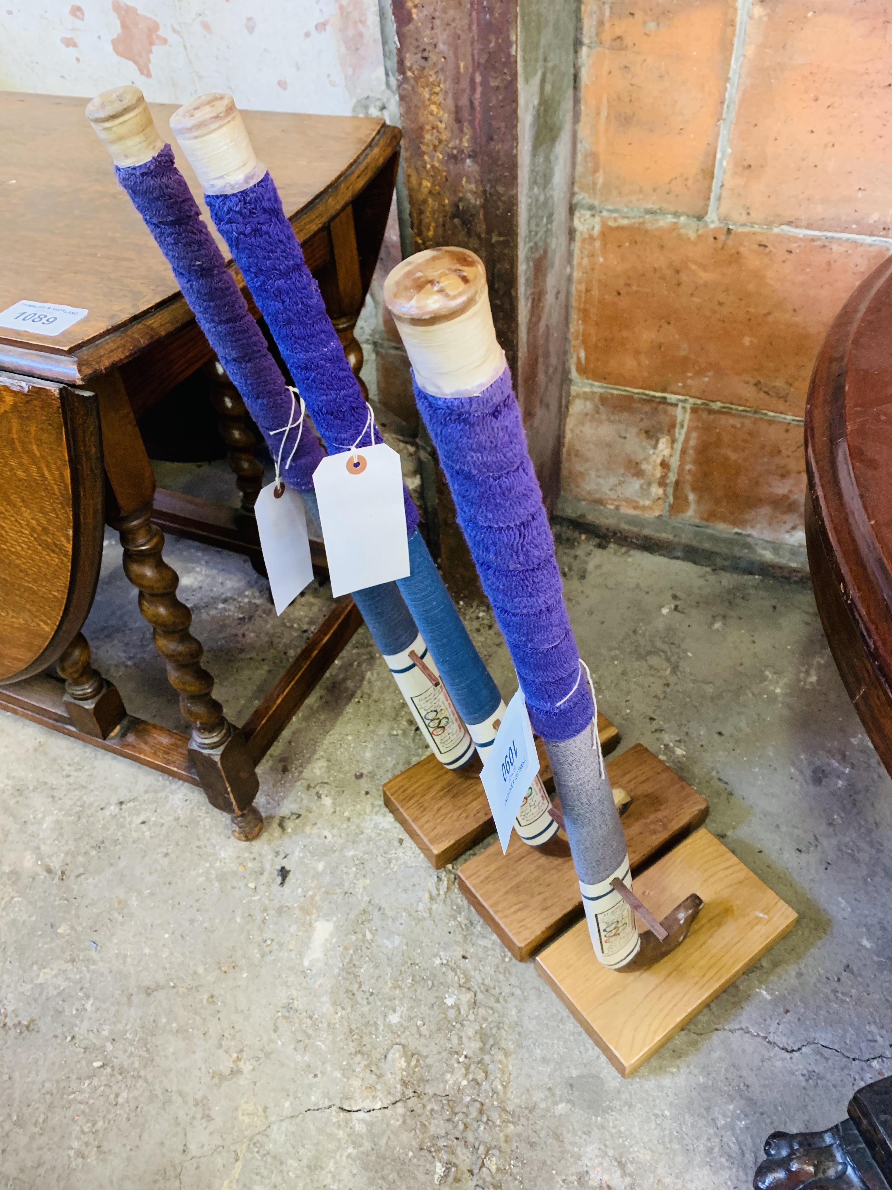 3 Hockey sticks mounted on wooden bases. - Image 2 of 2