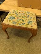 Oak framed stool with tapestry upholstered seat.