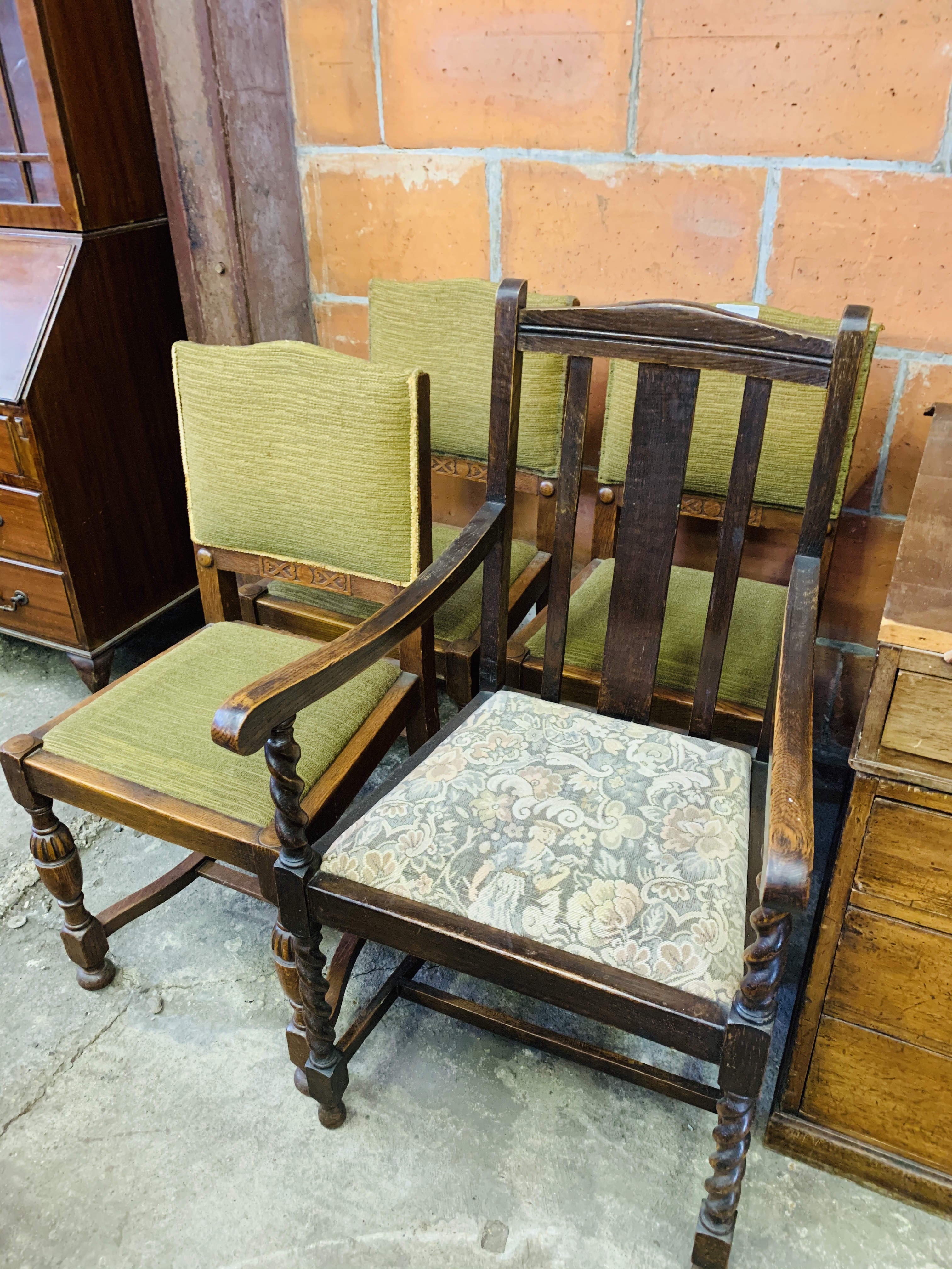 Oak framed carver dining chair and 3 oak framed Arts & Crafts style dining chairs. - Image 2 of 2