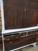 Mahogany part painted cupboard over chest of 3 over 2 drawers.