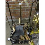Two fire baskets, brass companion set, and brass frame spark guard. This item carries VAT.