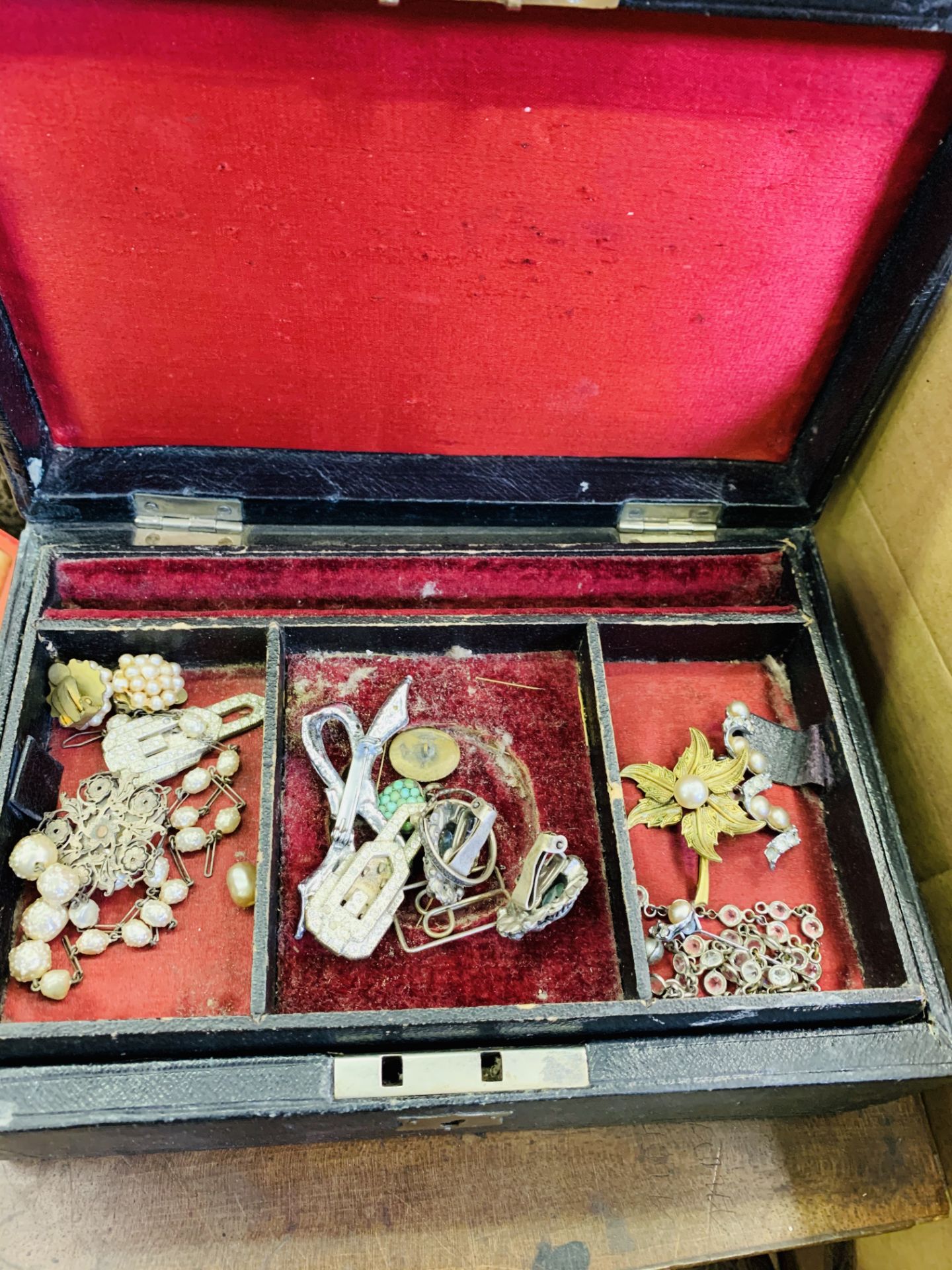 Box of playing cards with mother of pearl inlay counters; various boxes and other misc. items. - Image 7 of 7