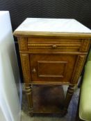 French oak pot cupboard with marble top, frieze drawer and shelf.