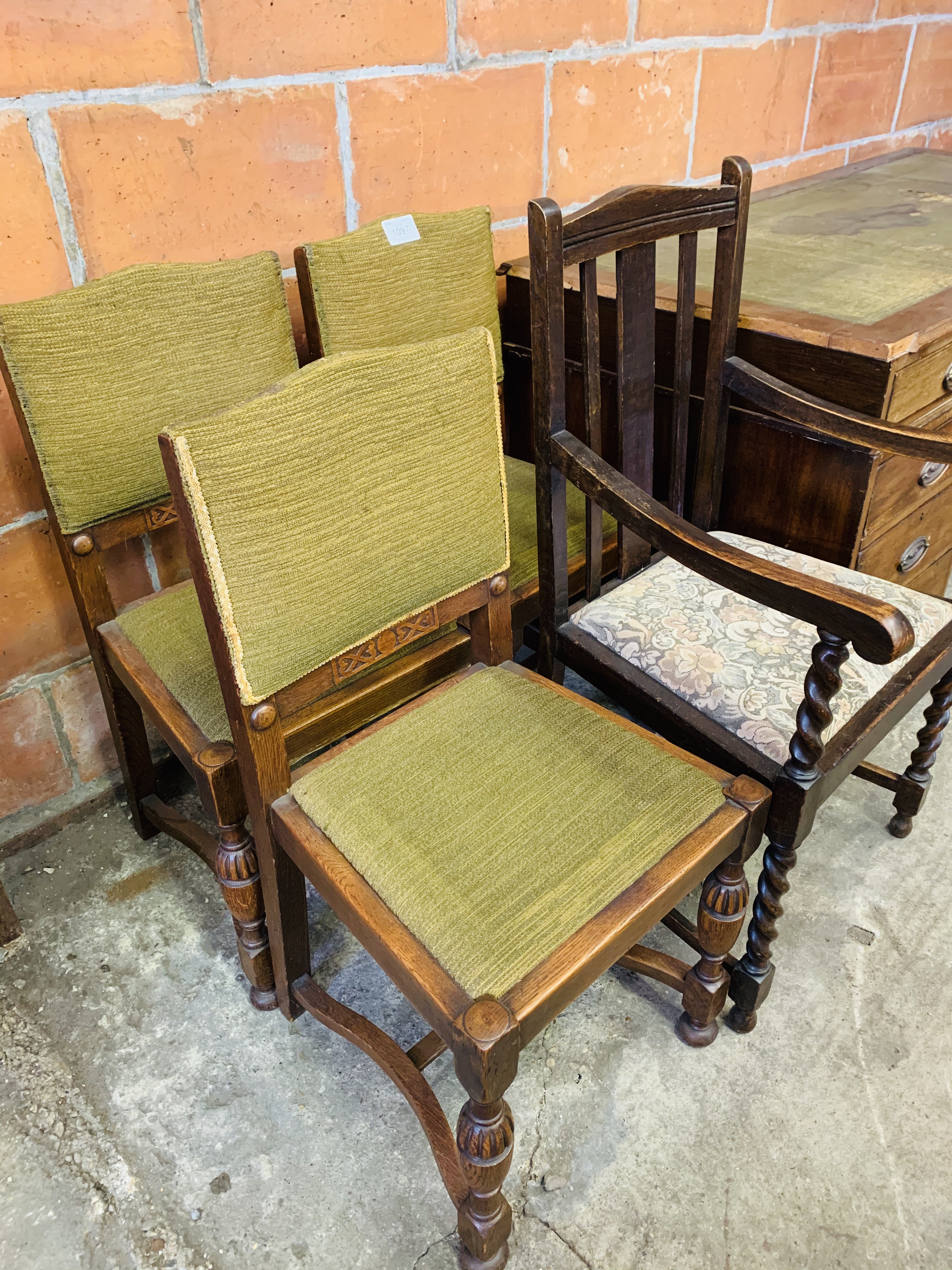 Oak framed carver dining chair and 3 oak framed Arts & Crafts style dining chairs.