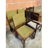 Oak framed carver dining chair and 3 oak framed Arts & Crafts style dining chairs.