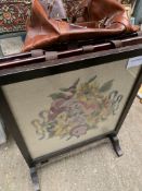 Embroidered fire screen, two magazine racks, leather holdall, stick stand, quantity of pictures, etc