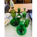 Quantity decorative green glass ware including two decanters.