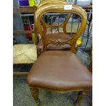 Two mahogany balloon back dining chairs together with a string seat oak frame bedroom chair.