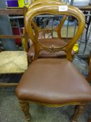 Two mahogany balloon back dining chairs together with a string seat oak frame bedroom chair.