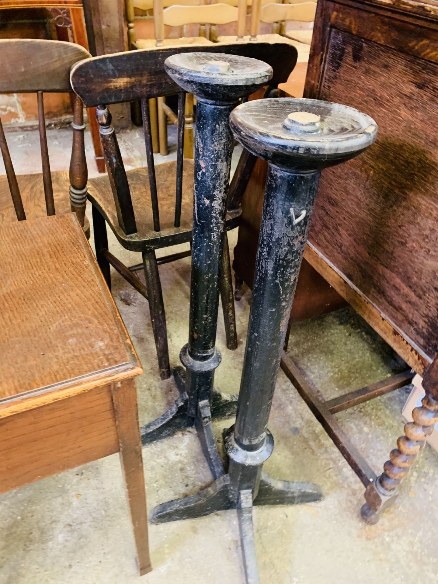 Mahogany sewing box on four tapered legs together with 2 torcheres - Image 2 of 2