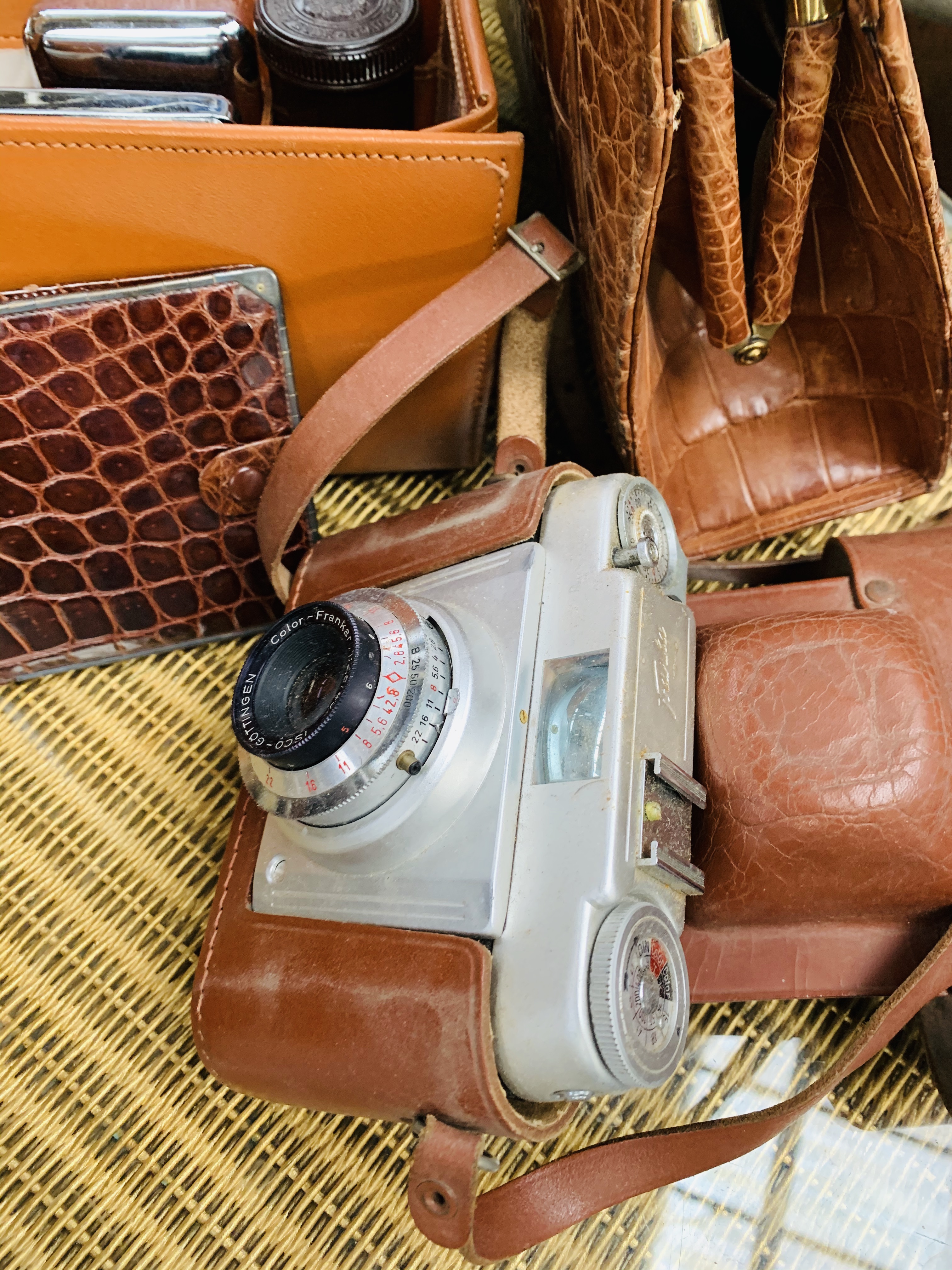 1950's handbag, crocodile skin wallet with silver trim, travelling toilet case and a Franka camera. - Image 4 of 4