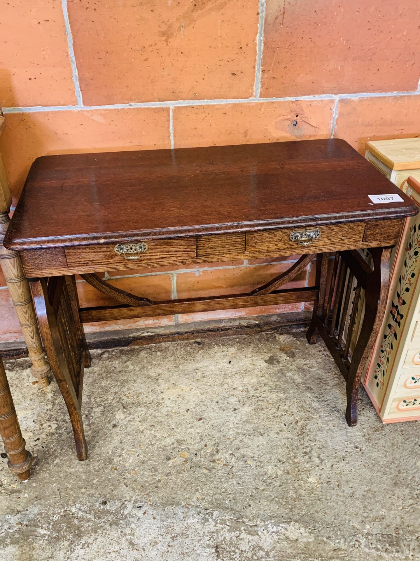 Mahogany lyre table with two frieze drawers.