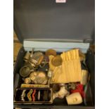 Suitcase containing a quantity of metal ware and a brass lamp.