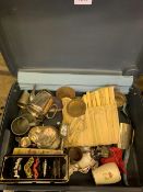 Suitcase containing a quantity of metal ware and a brass lamp.