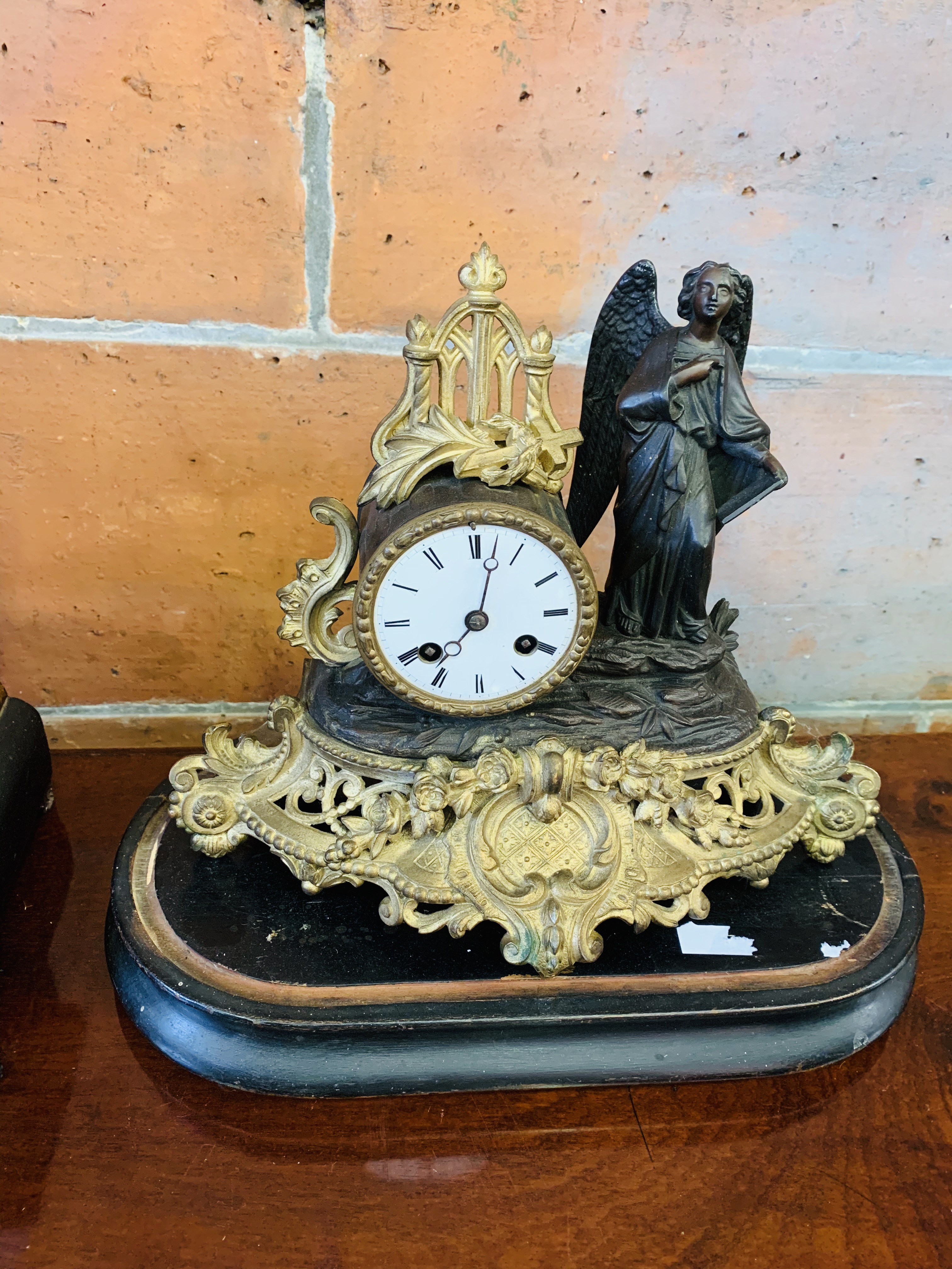 Wood case mantel clock, together with a French-style mantel clock on wood base, no glass on face - Image 2 of 2