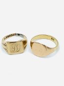 9ct gold signet ring, size T 1/2, weight 4.4gms; together with a 9ct gold signet ring.