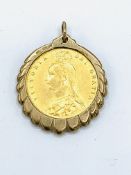 1887 gold half sovereign in 9ct gold pendant surround.