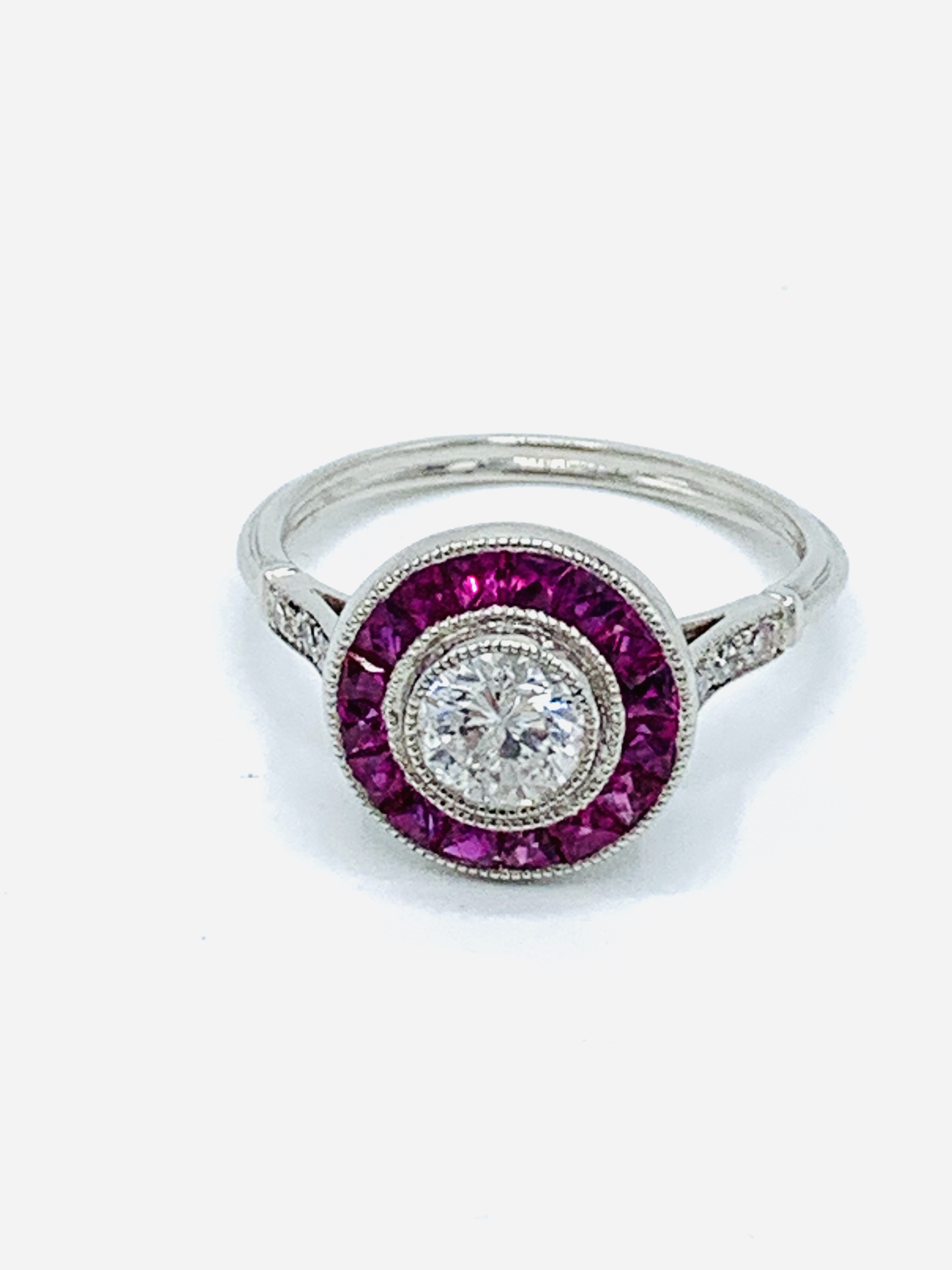 White gold and ruby target ring.
