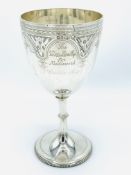 Sterling silver goblet trophy with engraved gothic pattern.