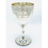 Sterling silver goblet trophy with engraved gothic pattern.