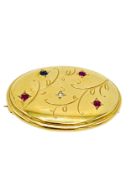 18k gold oval brooch decorated with red, blue and white stones.