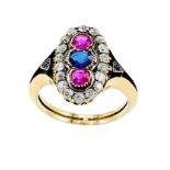 Yellow gold sapphire, ruby and diamond ring.