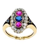 Yellow gold sapphire, ruby and diamond ring.