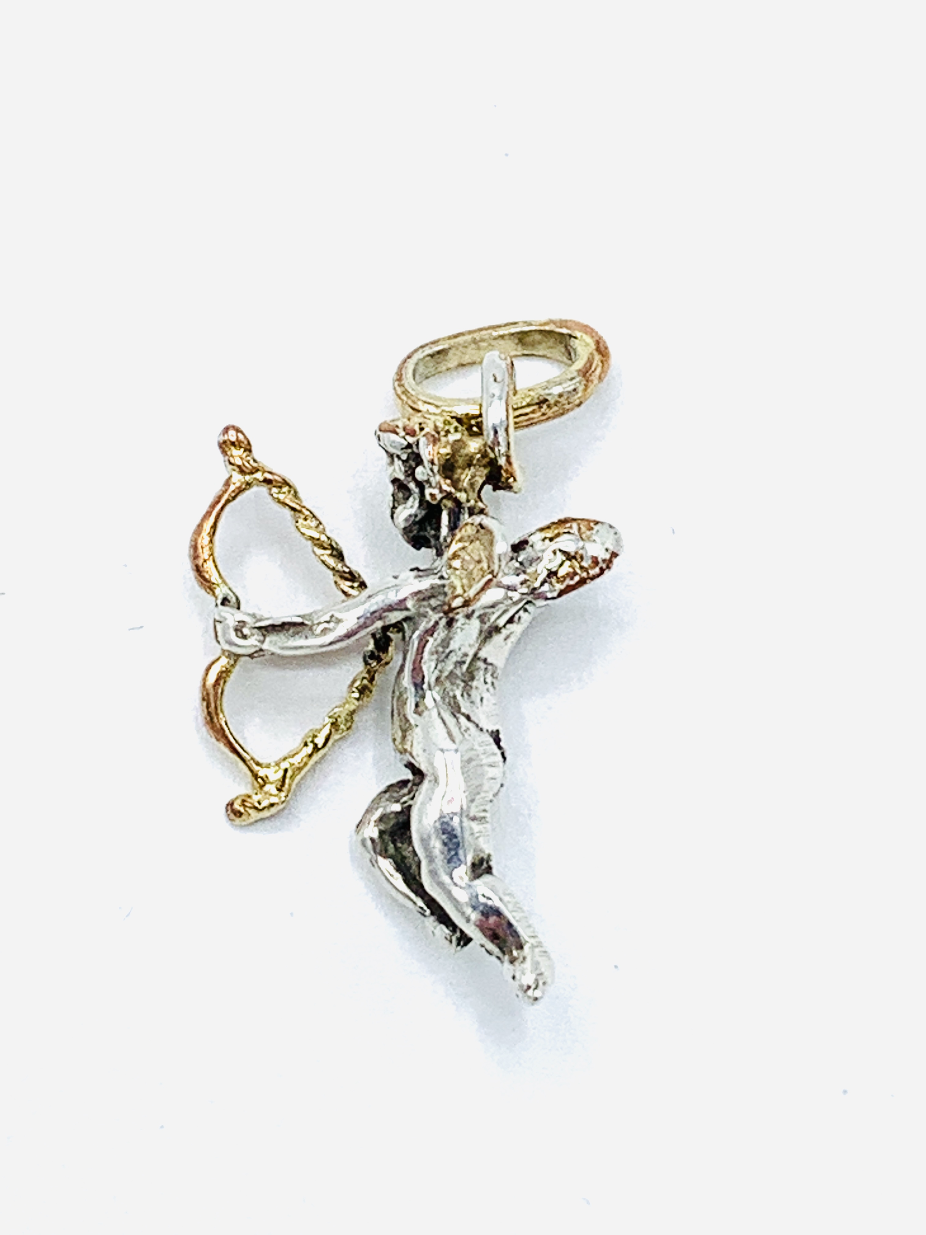 Victorian silver cupid pendant with gilded wings, bow and halo. - Image 3 of 4