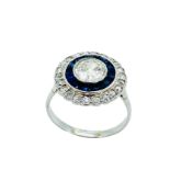 White gold, sapphire and diamond two row target ring.