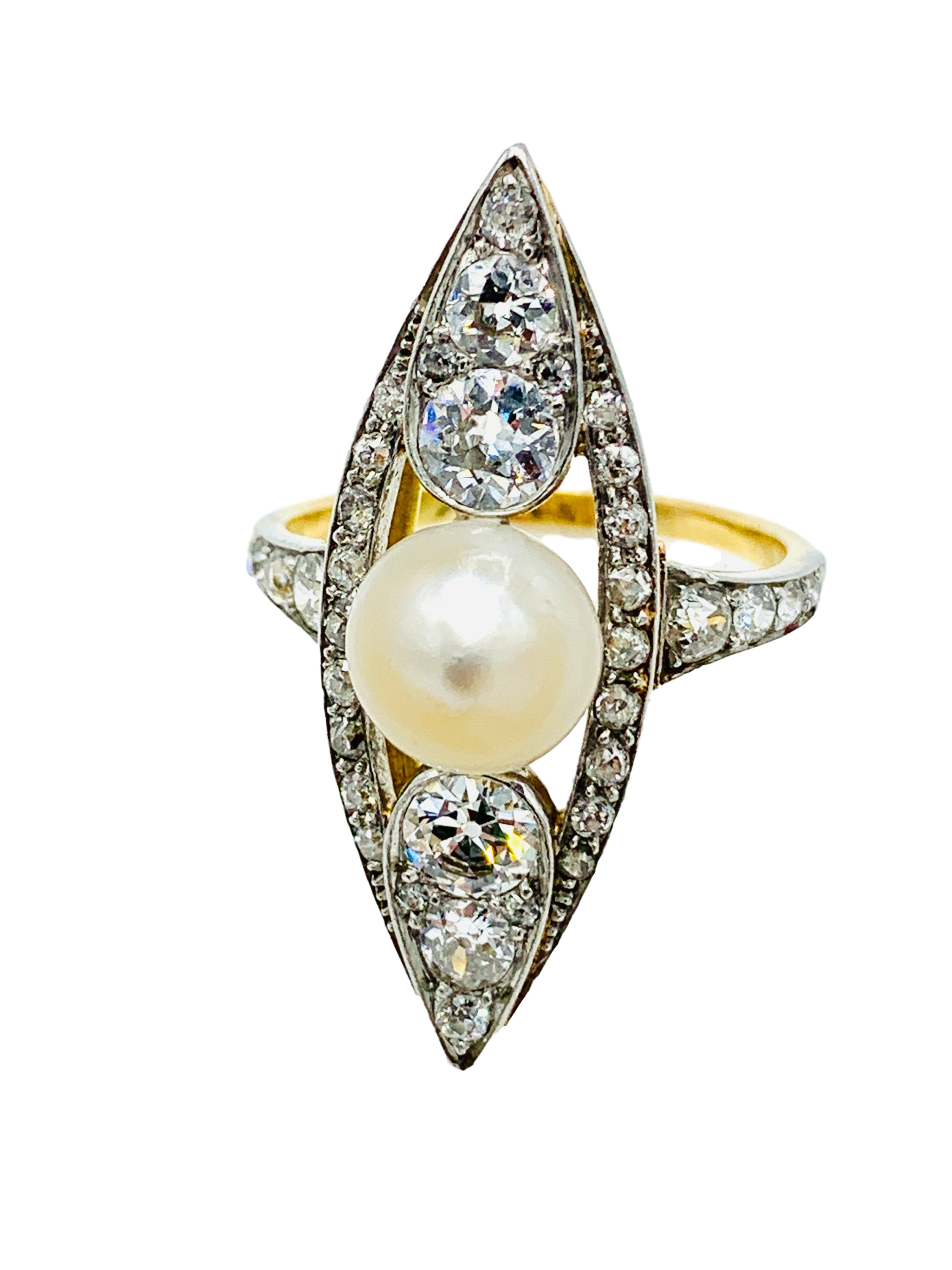 18ct gold pearl and diamond marquise ring.