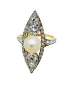 18ct gold pearl and diamond marquise ring.