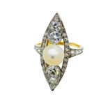 18ct gold pearl and diamond marquise ring.