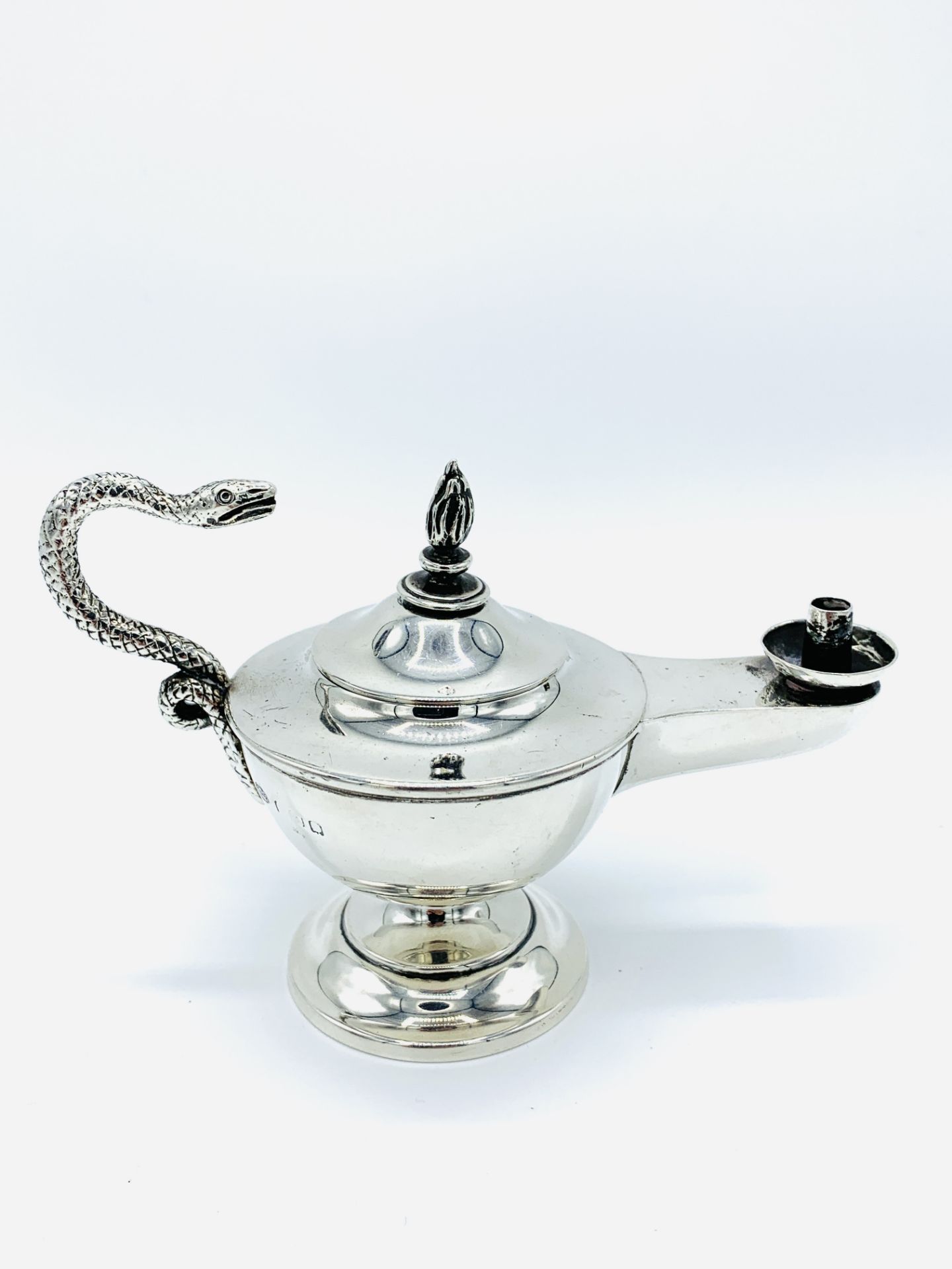 Aladdin's lamp style table/cigar lighter, with serpent handle.