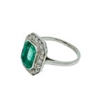 18ct white gold octagonal set Columbian emerald and diamond ring.