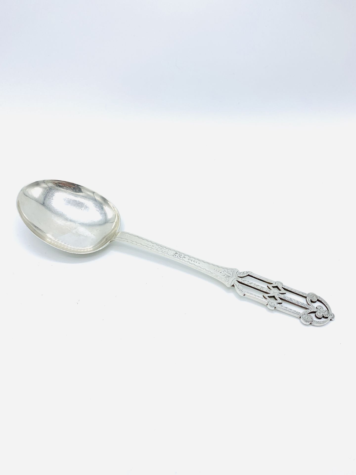 Hand pierced and engraved arts and crafts serving spoon. - Image 4 of 4
