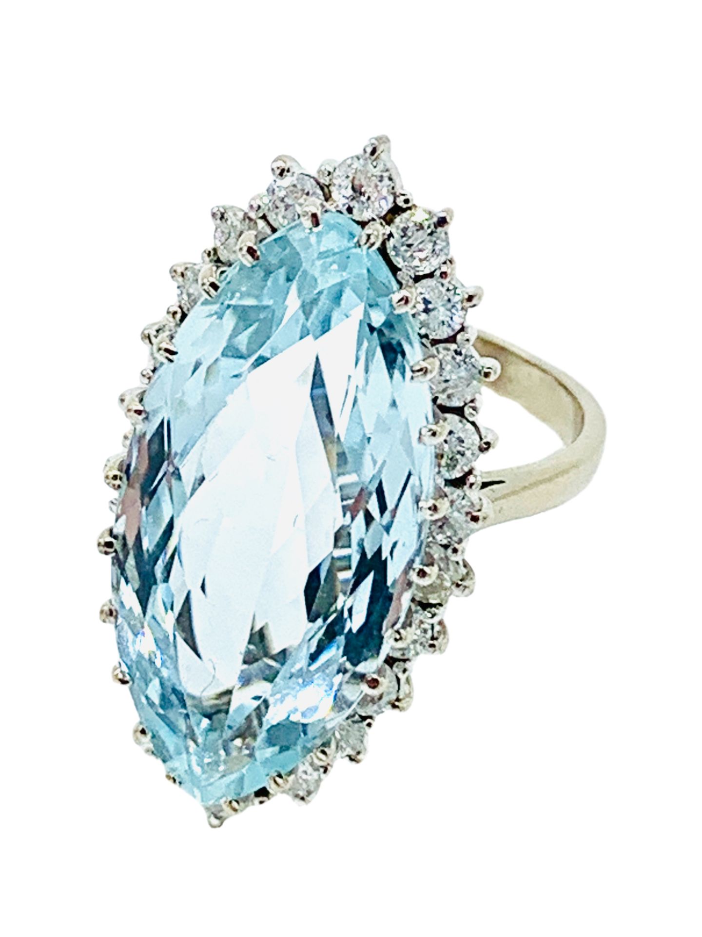 18ct white gold aquamarine and diamond marquise cluster ring.