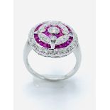 14ct white gold ruby and diamond target ring.