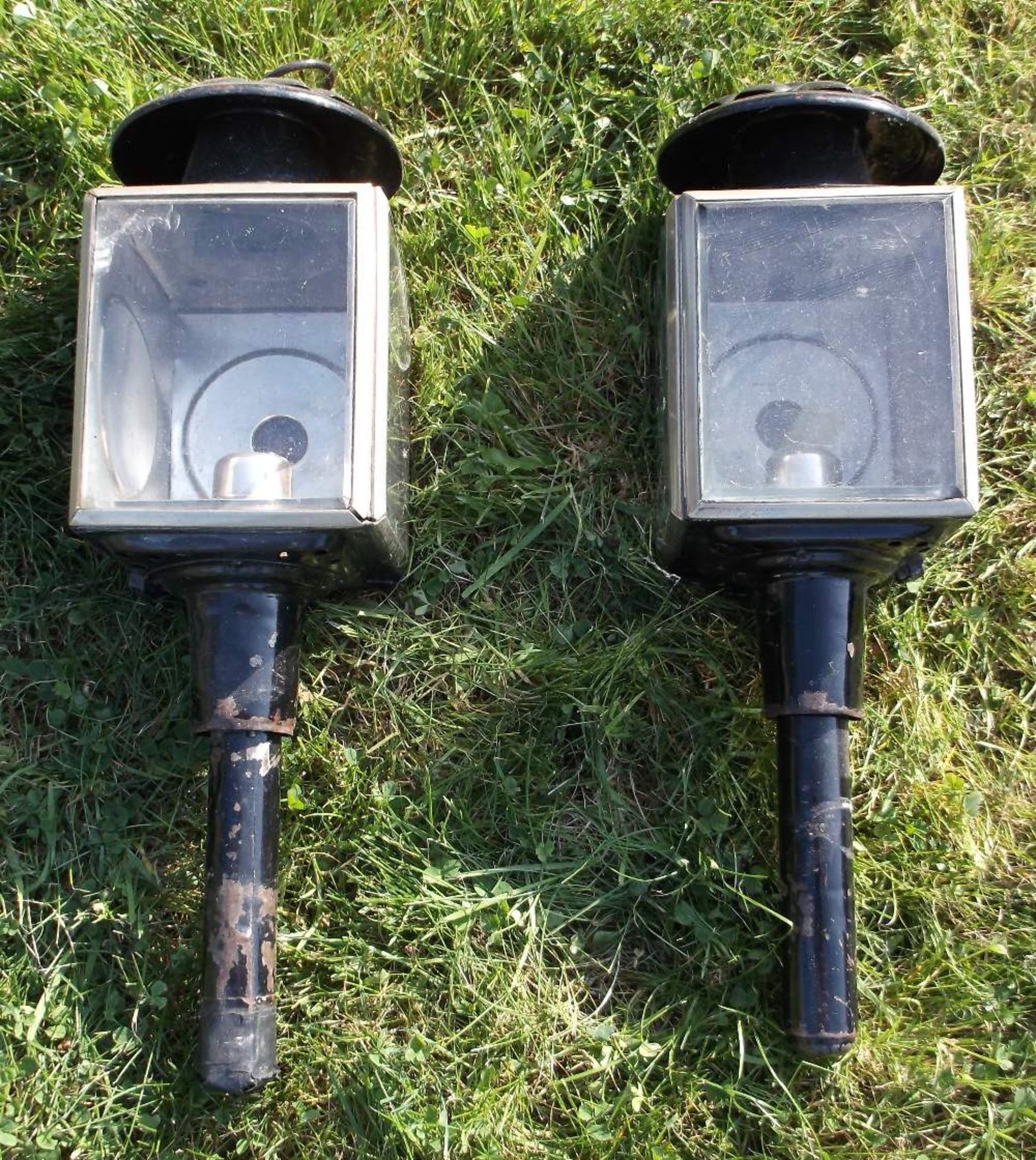 Pair of black/whitemetal square fronted carriage lamps with pie crust tops