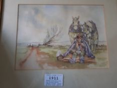 Framed watercolour of two working horses taking a break, signed by Alan Stuart Pabirll.